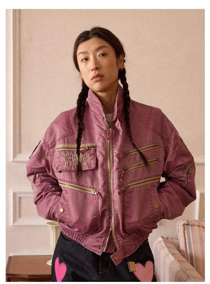 Washed Quilted Patch Embroidered Jacket