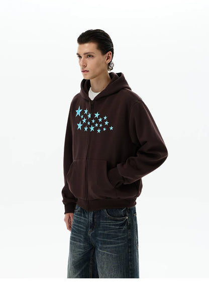 Coffee brown hoodie, side view with blue star print