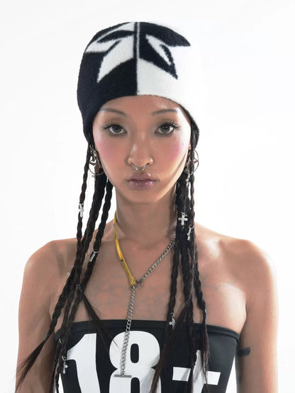 Split Black and White Star Faux Mohair Beanie on model