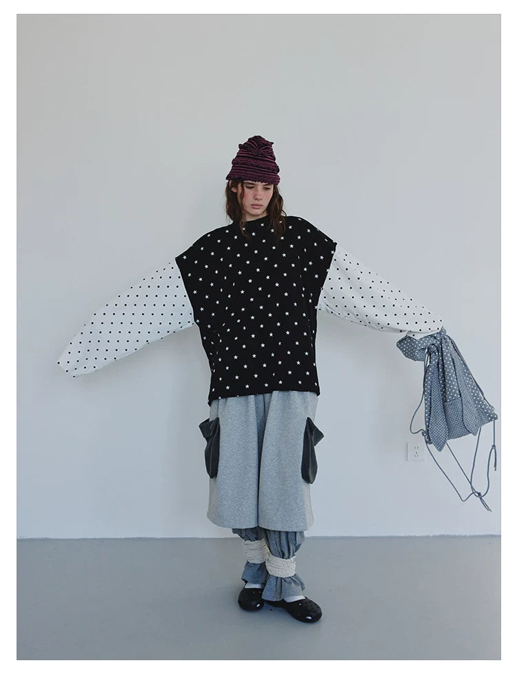 Star and Polka Dot Patchwork Long-Sleeve Top
