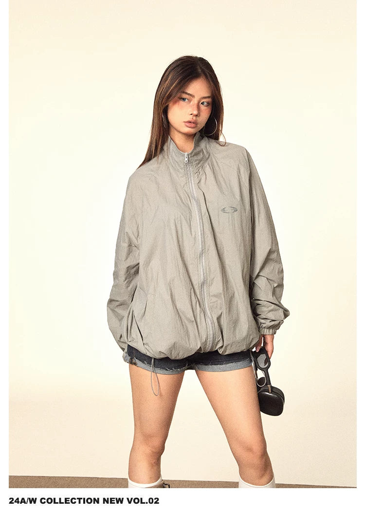 Crinkled Stand Collar Zip Jacket