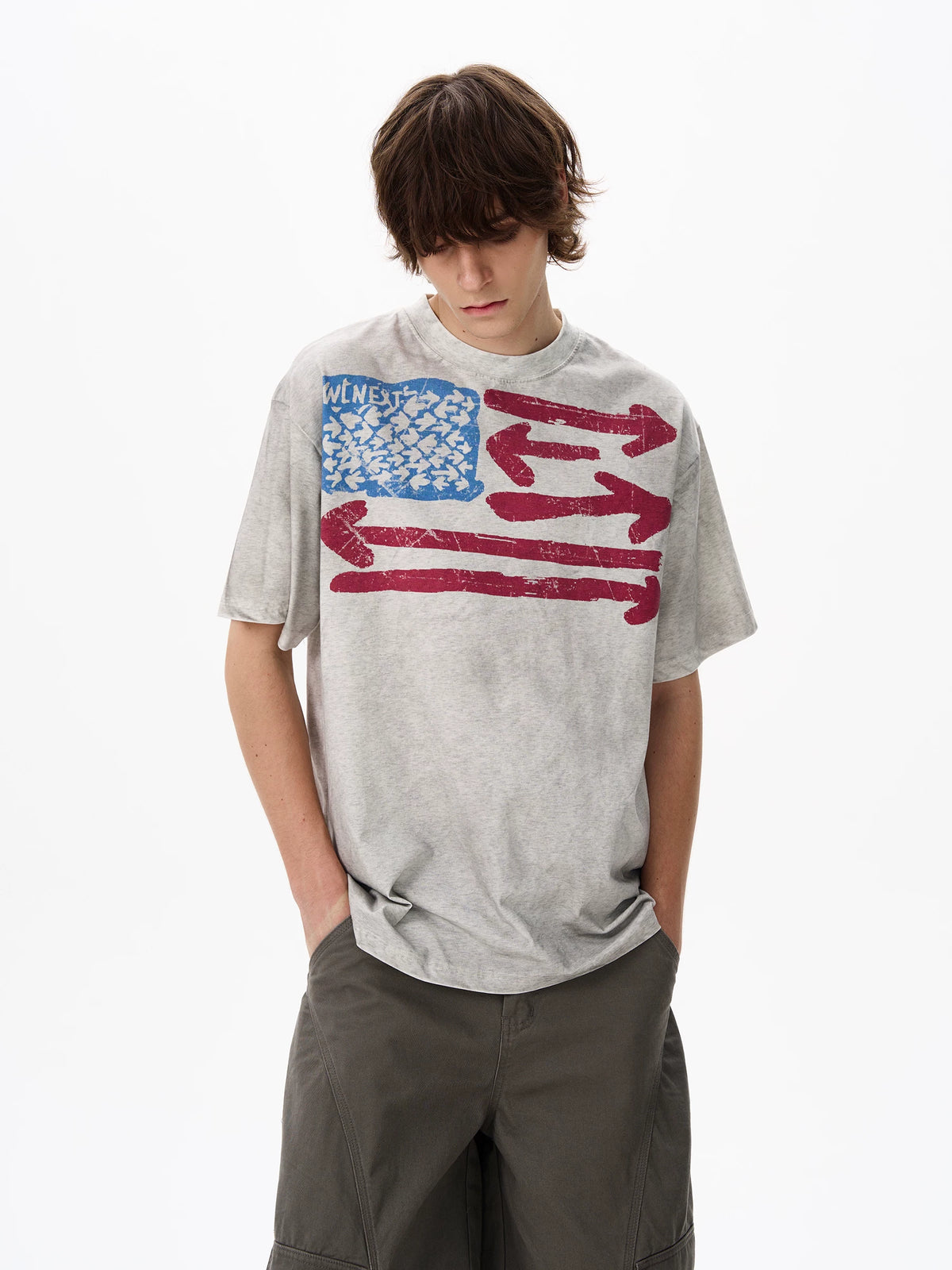Heather gray vintage washed graphic T-shirt worn by a model