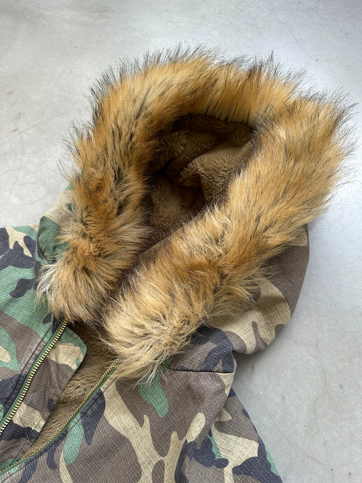 Close-up of hood with faux-fur trim