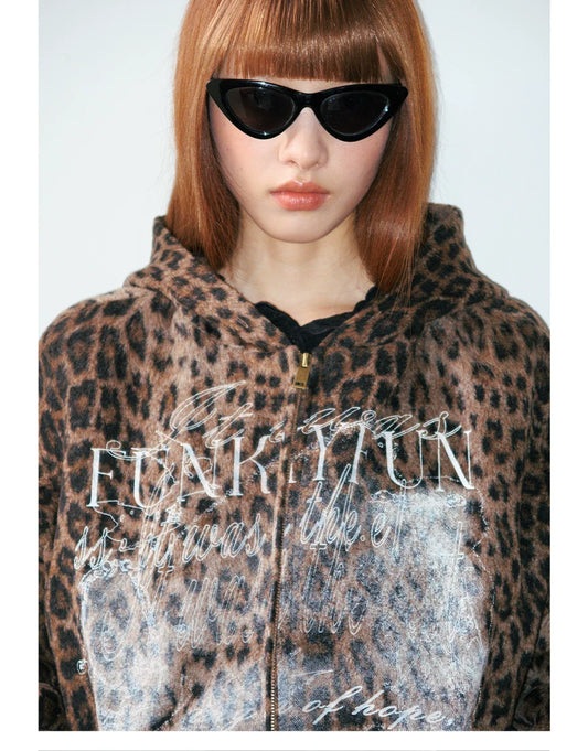 Distressed Leopard Print Padded Hooded Jacket