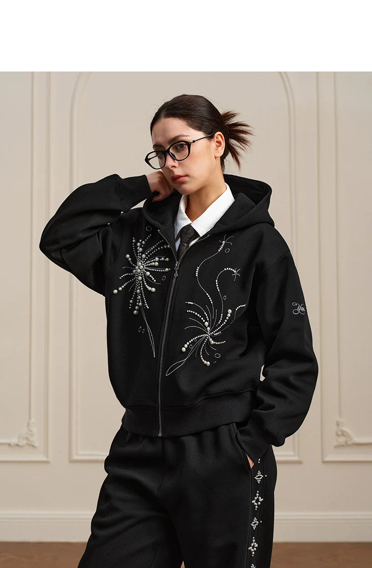 Pearl Embroidered Zip Hoodie