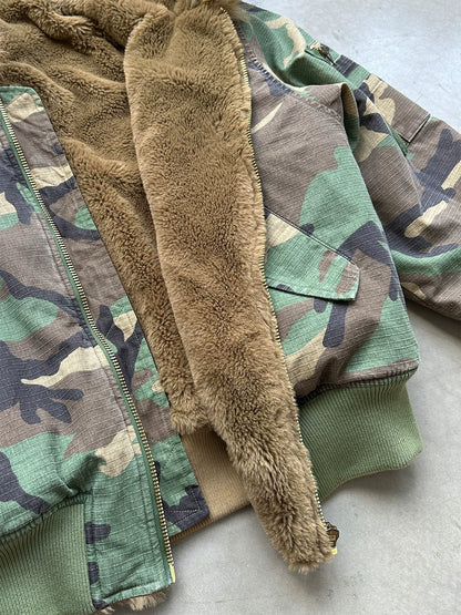 Close detail of brown faux-fur and camouflage fabric