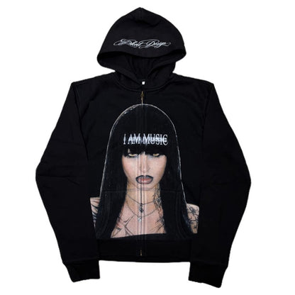 Graphic Fleece-Lined Zip Hoodie in black