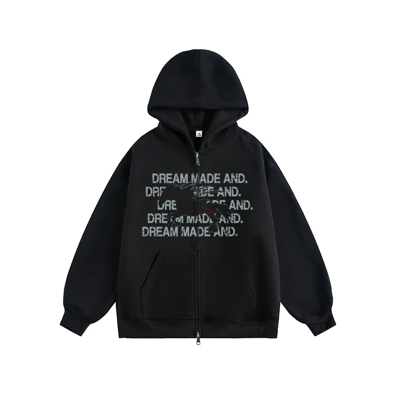 Black zip hoodie with white printed text, front flat lay