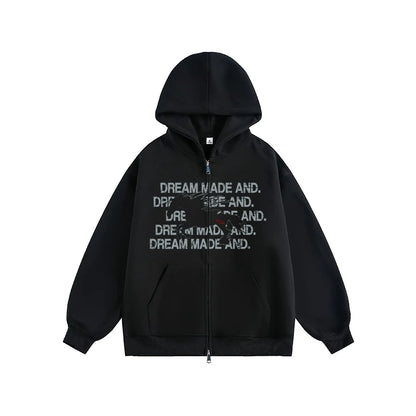Black zip hoodie with white printed text, front flat lay