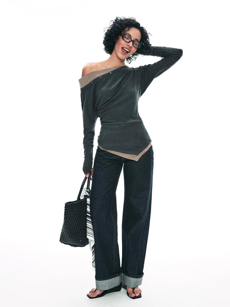 Charcoal One-Shoulder Long Sleeve Top product view