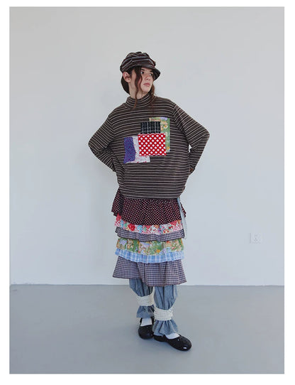Brown Patchwork Stripe Long-Sleeve Top