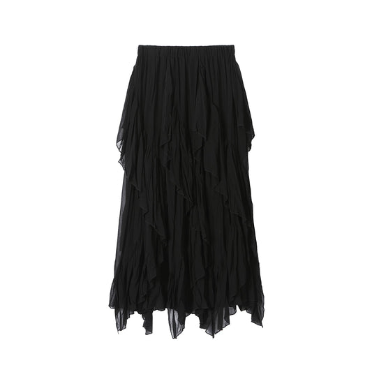 Asymmetric Mesh Pleated Midi Skirt