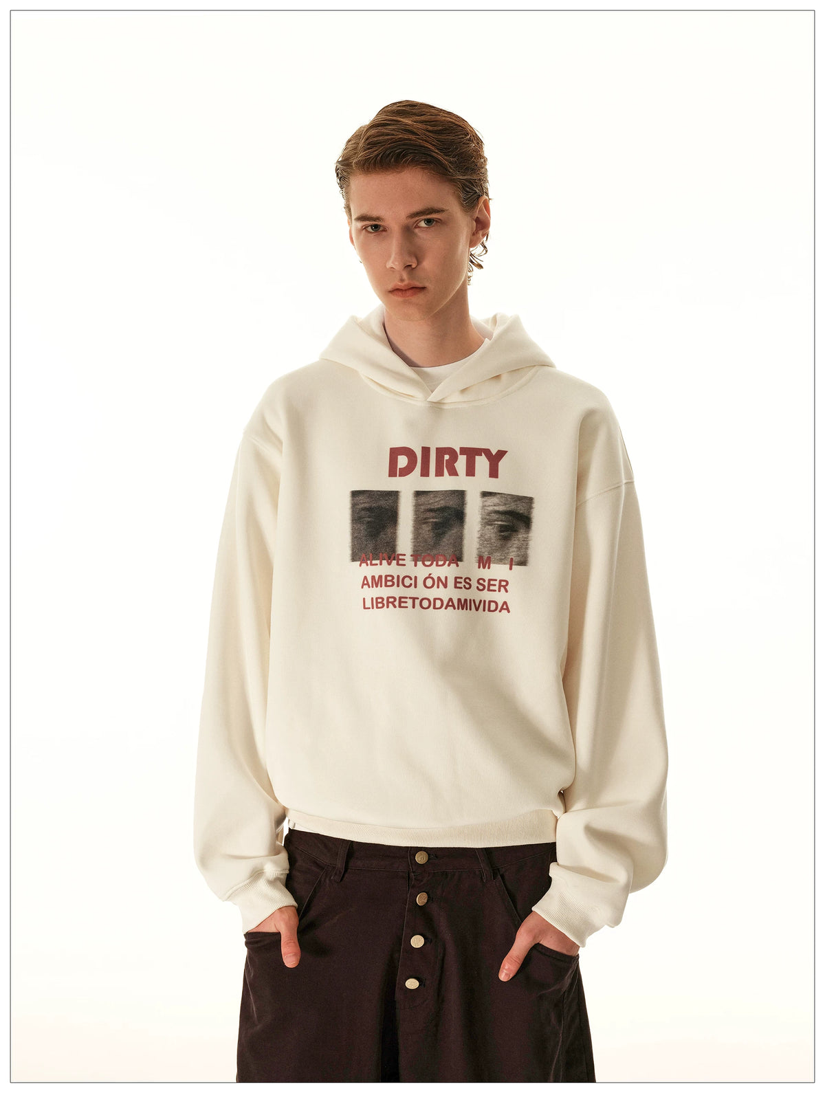 Cream graphic hoodie, front view