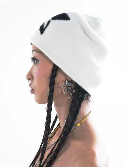Split Black and White Star Faux Mohair Beanie on model