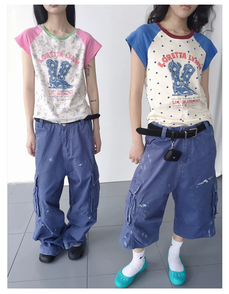 Distressed Splatter Print Wide-Leg Denim Shorts