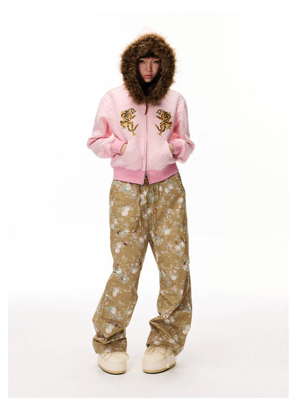 Tiger Embroidered Quilted Hooded Jacket