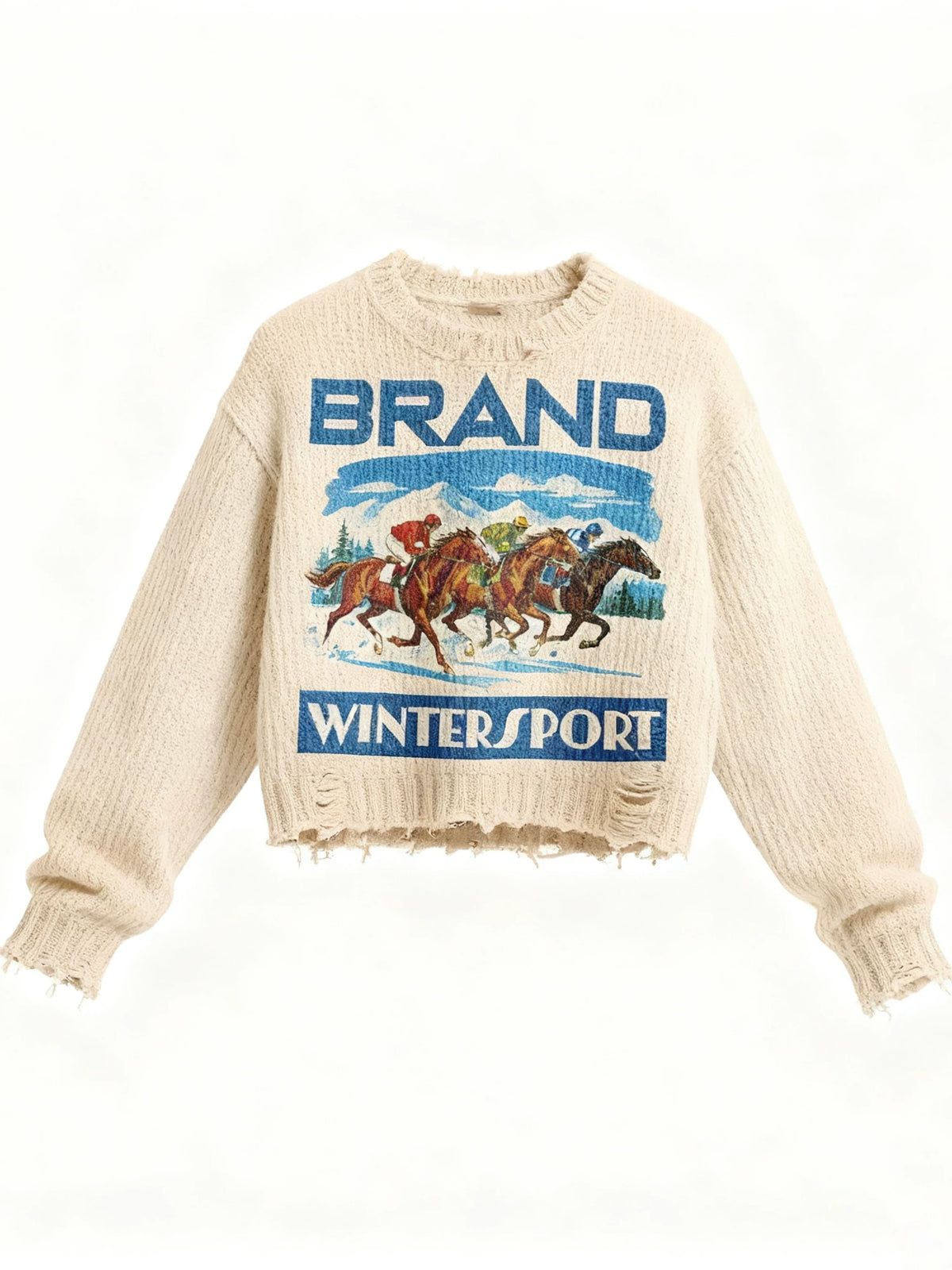 Off-white distressed knit sweater with a blue graphic print on the front, shown straight on