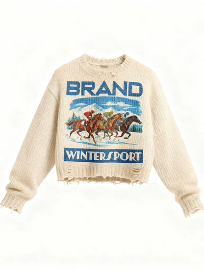 Off-white distressed knit sweater with a blue graphic print on the front, shown straight on
