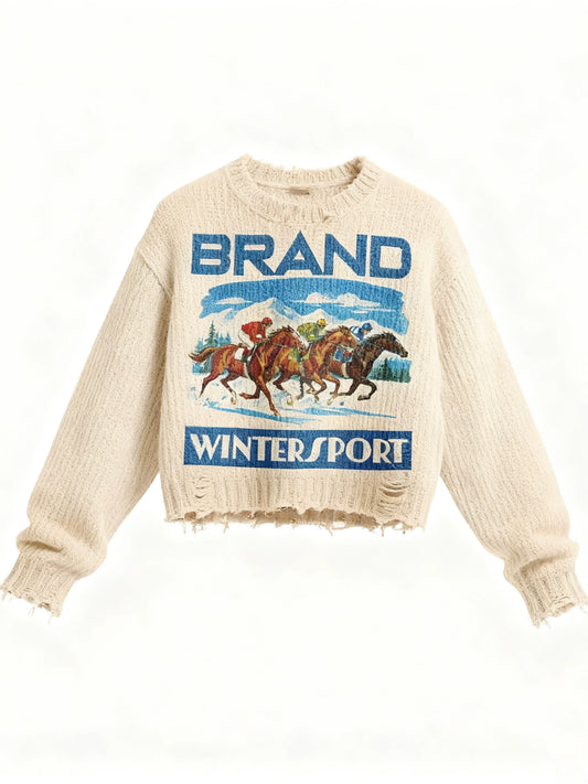 Off-white distressed knit sweater with a blue graphic print on the front, shown straight on
