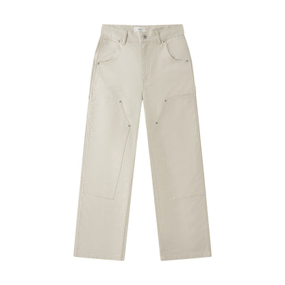White cotton moleskin double-knee pants on a white background