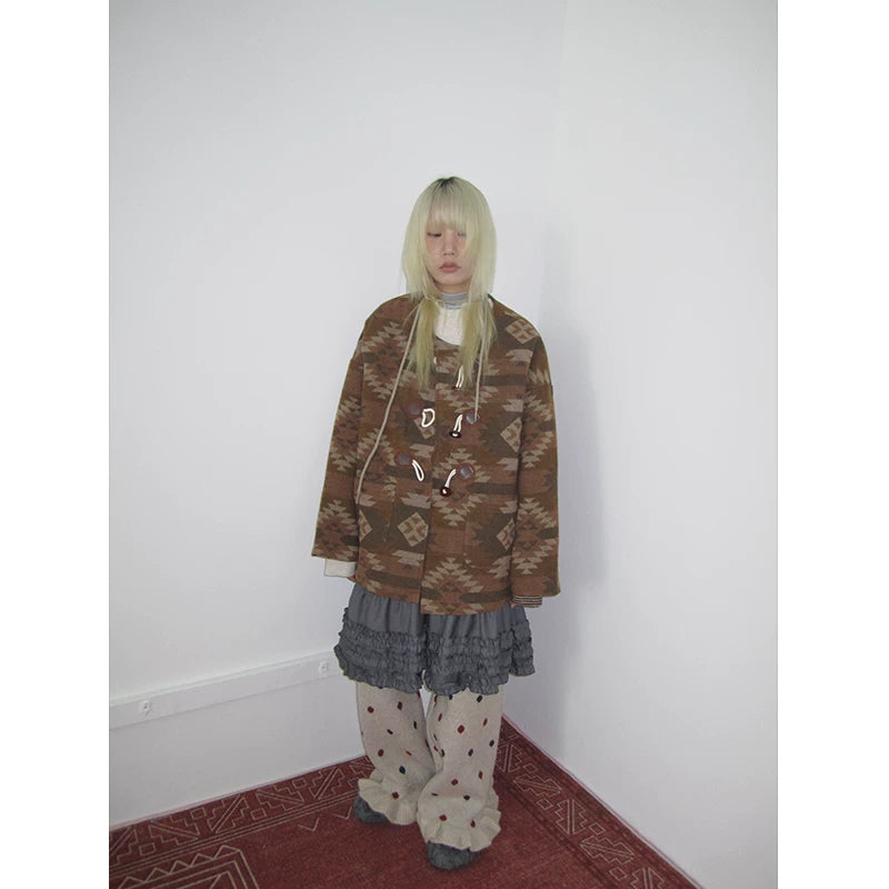 Brown Geometric Jacquard Padded Toggle Coat