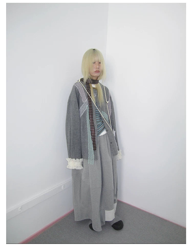 Grey Lace-Trim Ruffle Cuff Cardigan