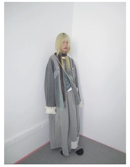 Grey Lace-Trim Ruffle Cuff Cardigan
