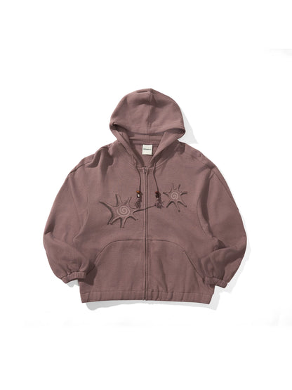 Dusty rose zip hoodie, laid flat front view