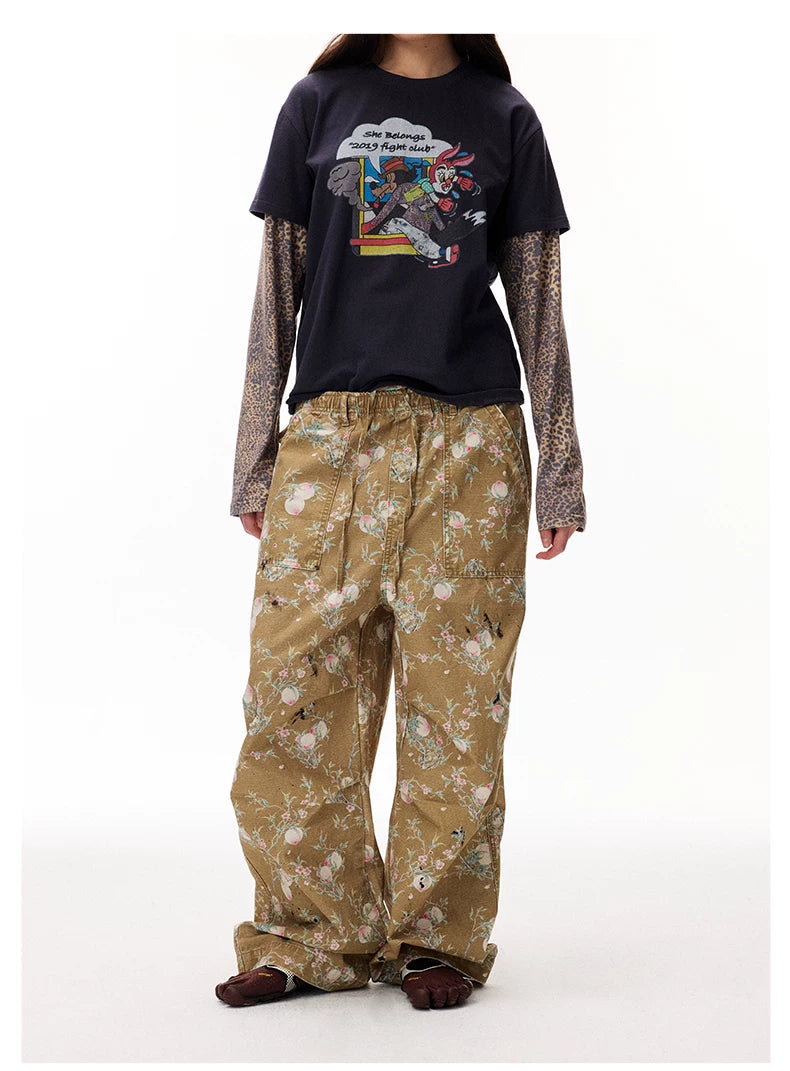 Distressed Floral Wide-Leg Cargo Pants