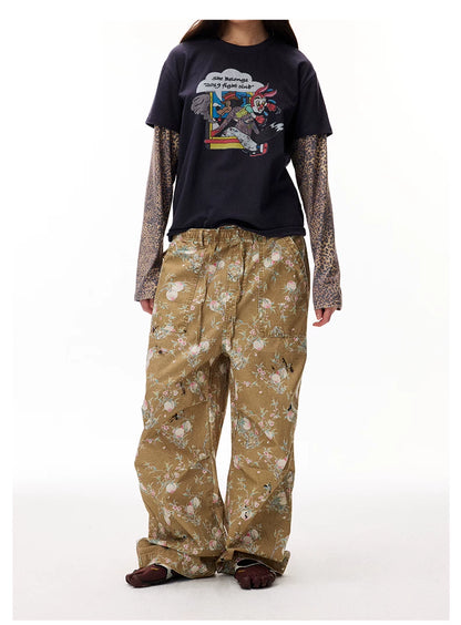 Distressed Floral Wide-Leg Cargo Pants