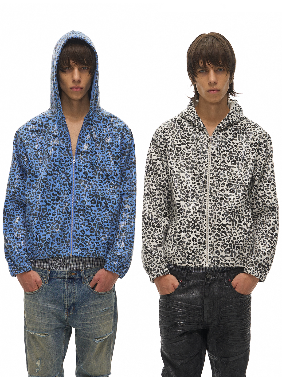 Leopard Sequin Cotton Zip Hoodie — Blue and white colors