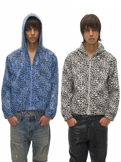 Leopard Sequin Cotton Zip Hoodie — Blue and white colors