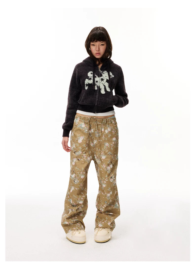 Fuzzy Floral Zip Hoodie