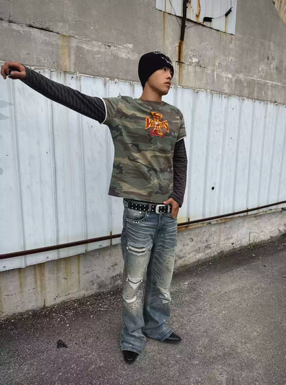 Model wearing the shirt, front view with one arm extended