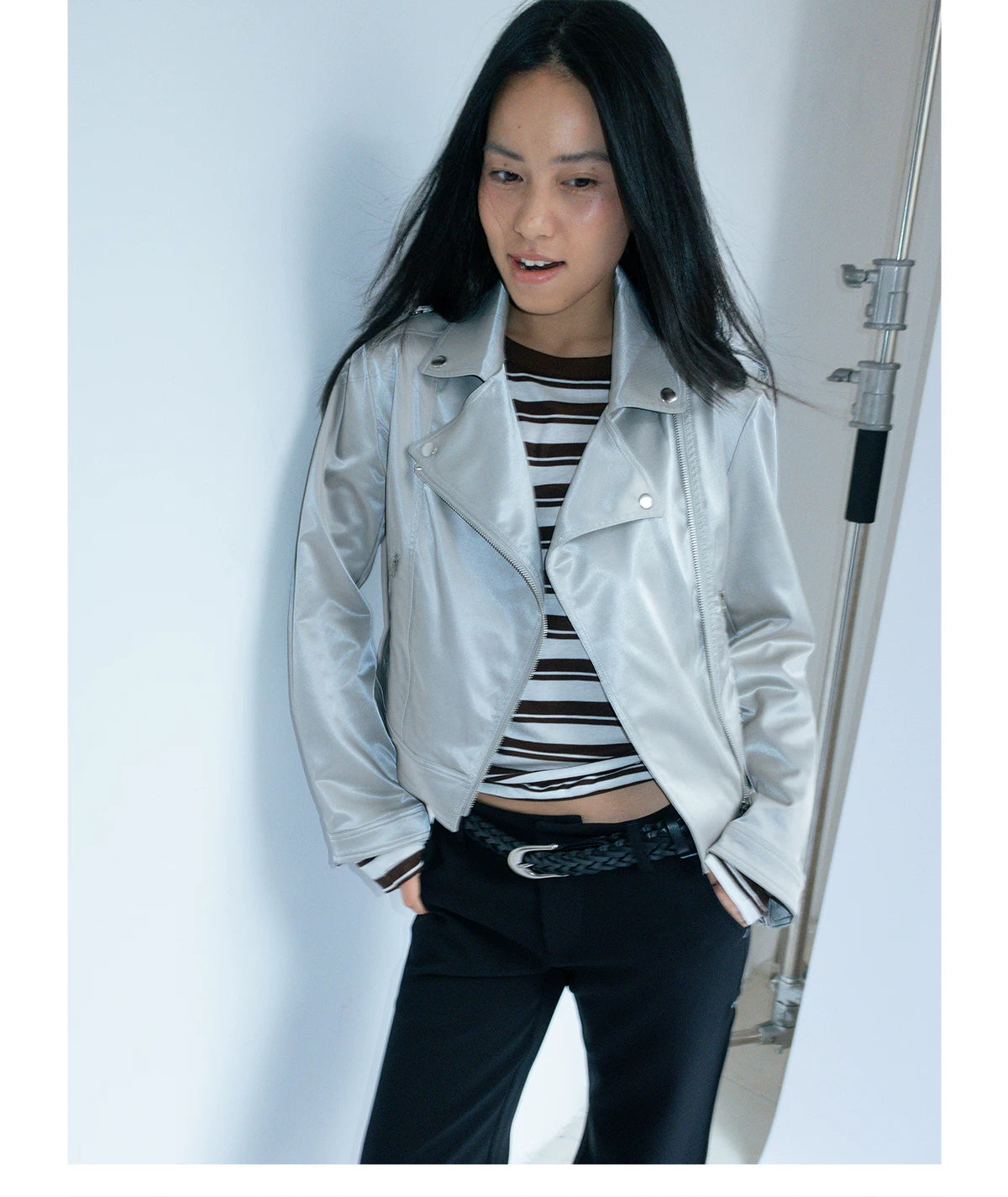 Pearl Silver Moto Jacket in silver product photo
