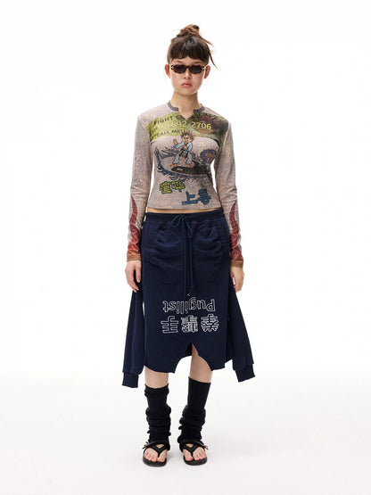 Detachable Sleeve Distressed Midi Skirt