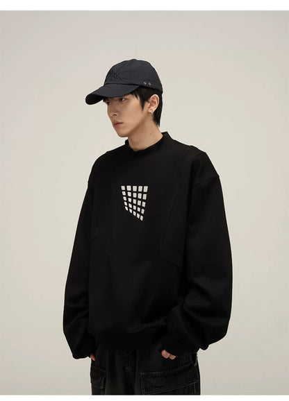 Grid Motif Relaxed Crewneck Sweatshirt in black