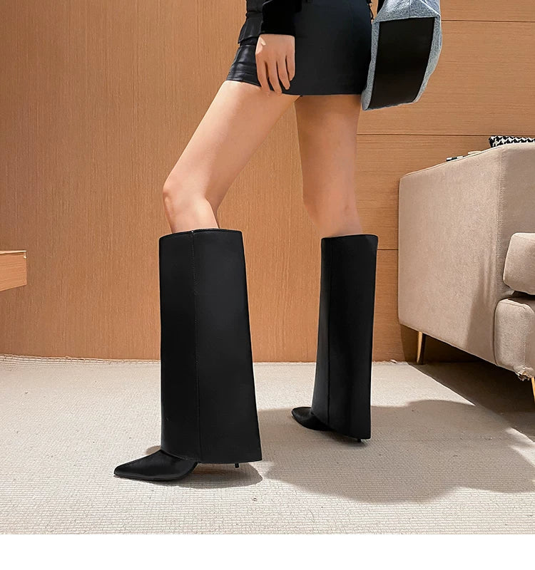 Women's Pointed Toe Stiletto Wide-Shaft Knee-High Boots
