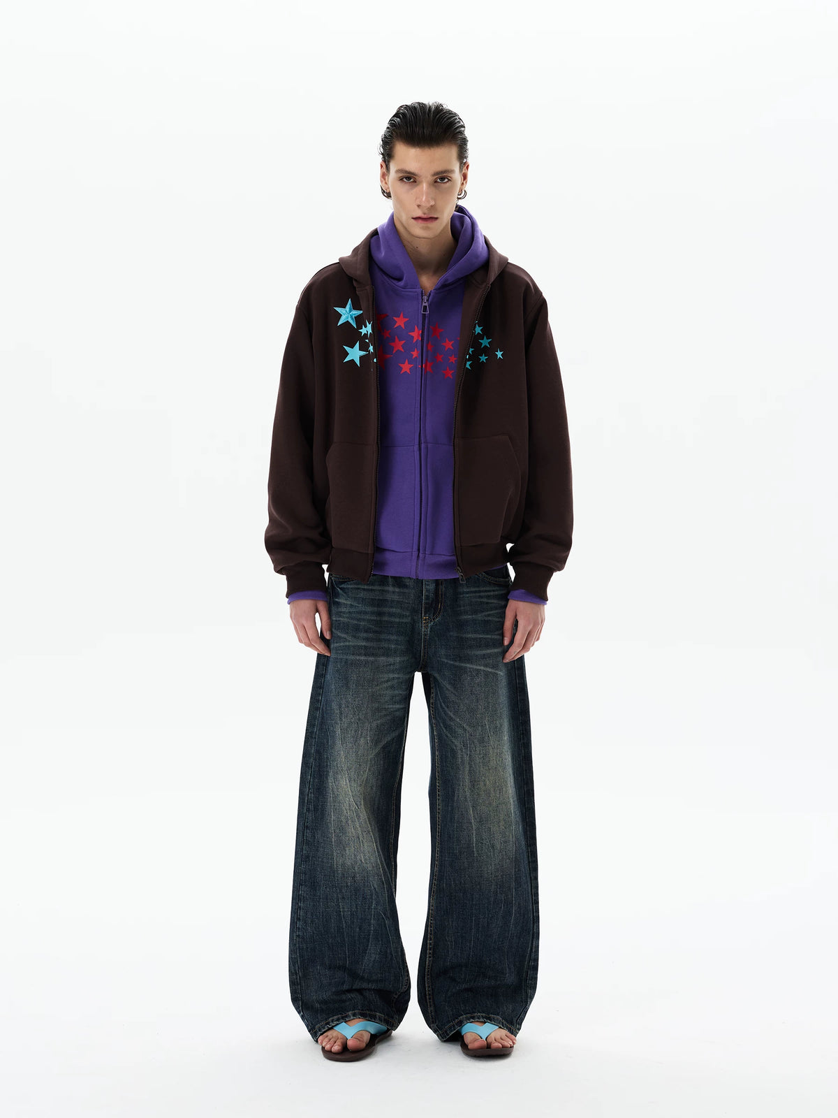Purple hoodie layered under brown jacket, front view