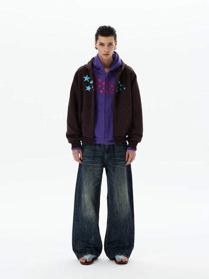 Purple hoodie layered under brown jacket, front view