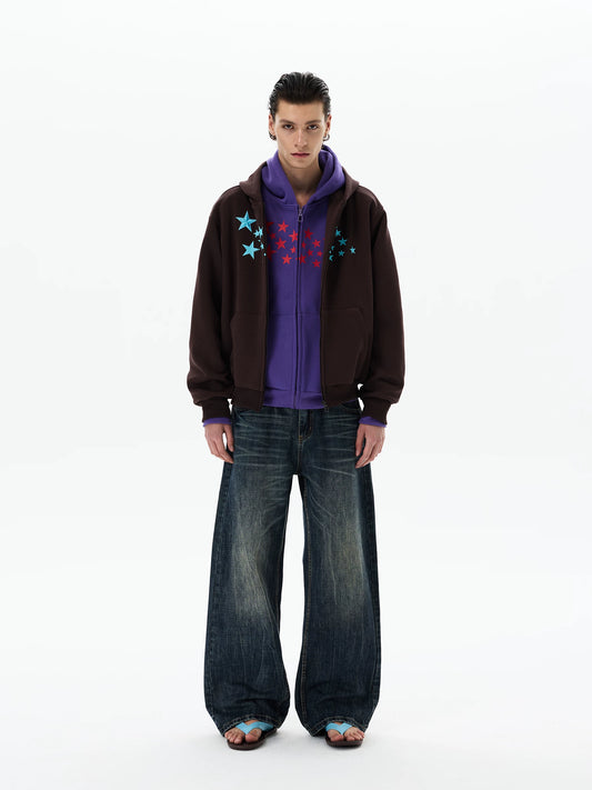 Purple hoodie layered under brown jacket, front view
