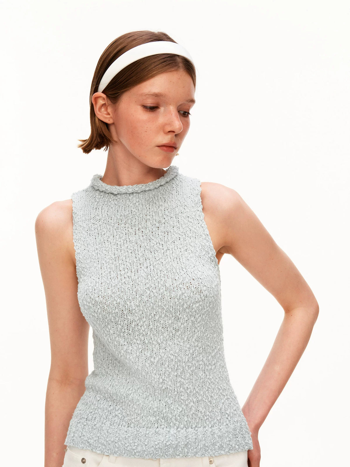 High Neck Textured Cotton Knit Tank Top - 360 view 10