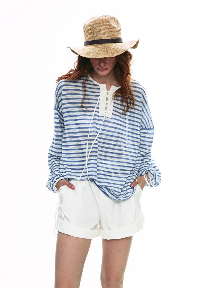 Striped V Neck Knit Top