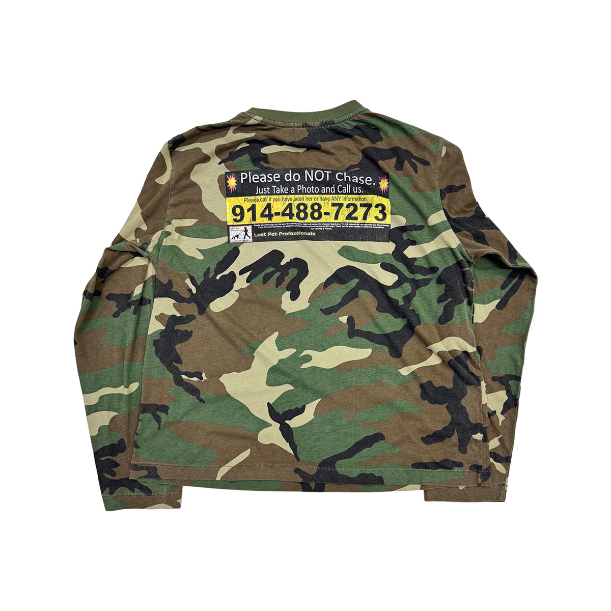 Back view of the camo dog-print long-sleeve T-shirt