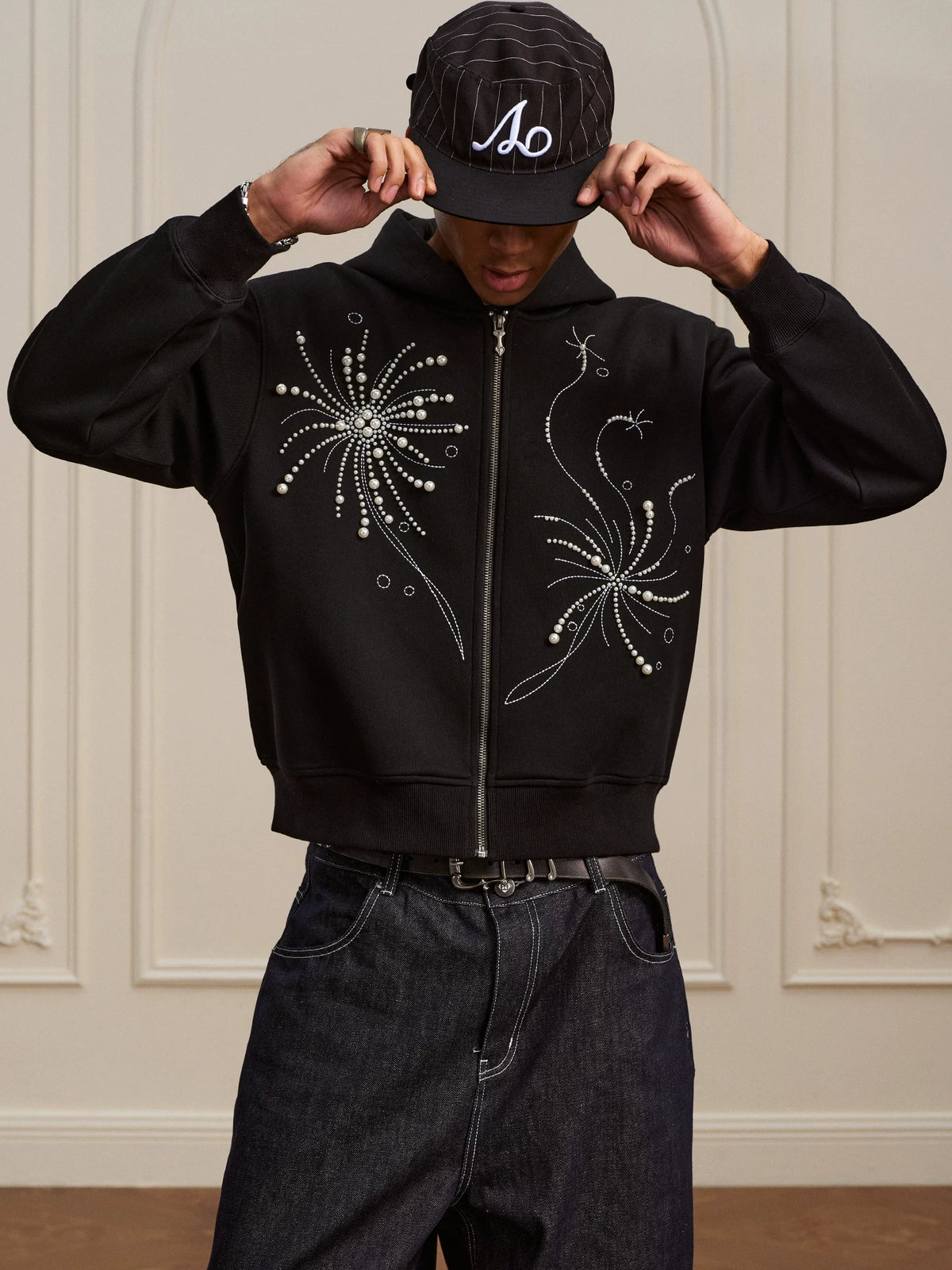 Pearl Embroidered Zip Hoodie