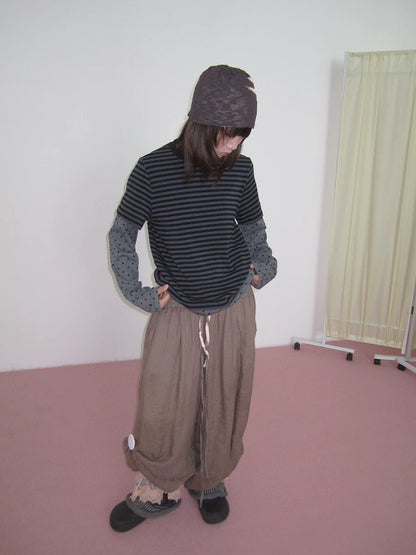 Grey Polka Dot Stripe Layered Long-Sleeve Tee