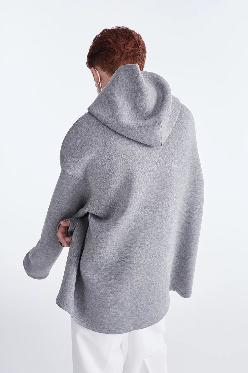 Grey hoodie, back view showing hood