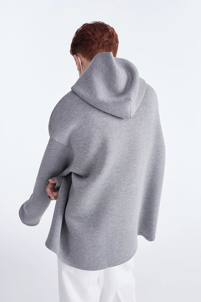 Grey hoodie, back view showing hood
