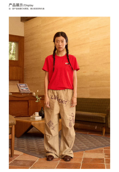 Hand-Drawn Print Wide-Leg Cargo Pants product photo
