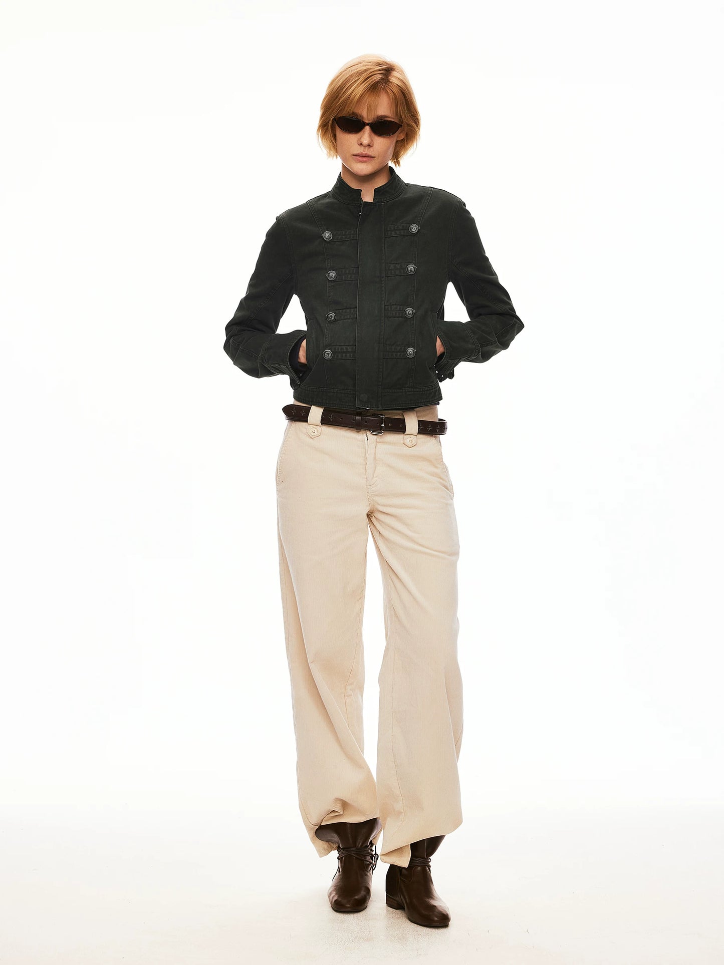 Washed Napoleon-Inspired Cropped Workwear Jacket